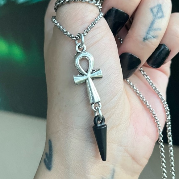 Ankh set dangky black spikes stainless steel chain adjustable boho goth silver - Picture 4 of 12
